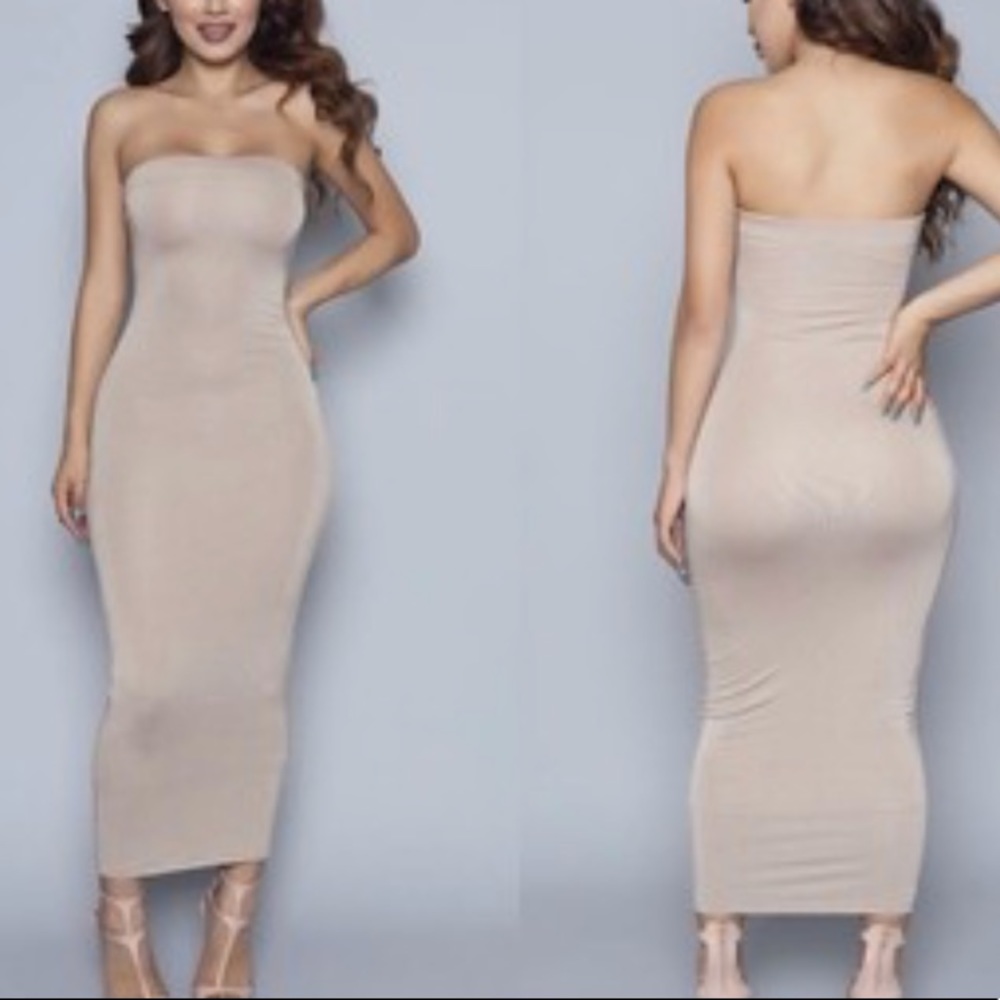 Nude strapless midi dress